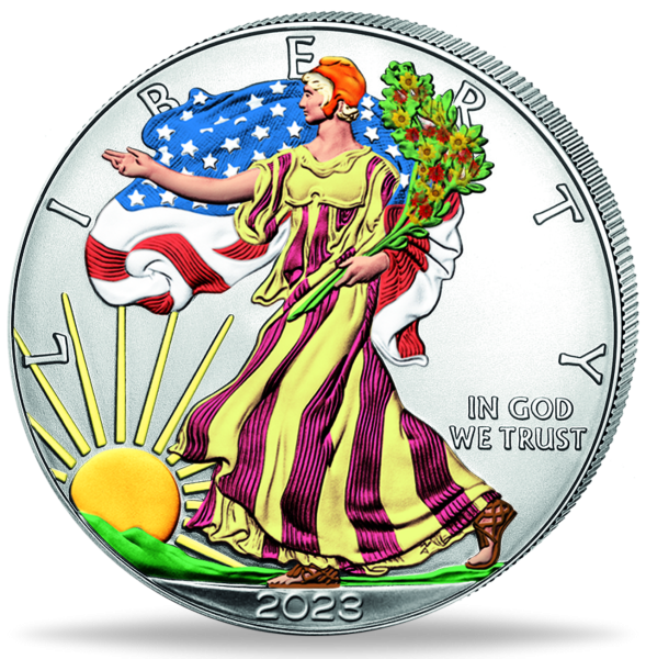 1 Unze Silbermünze American Eagle 2023 Farbapplikation Münzvorderseite