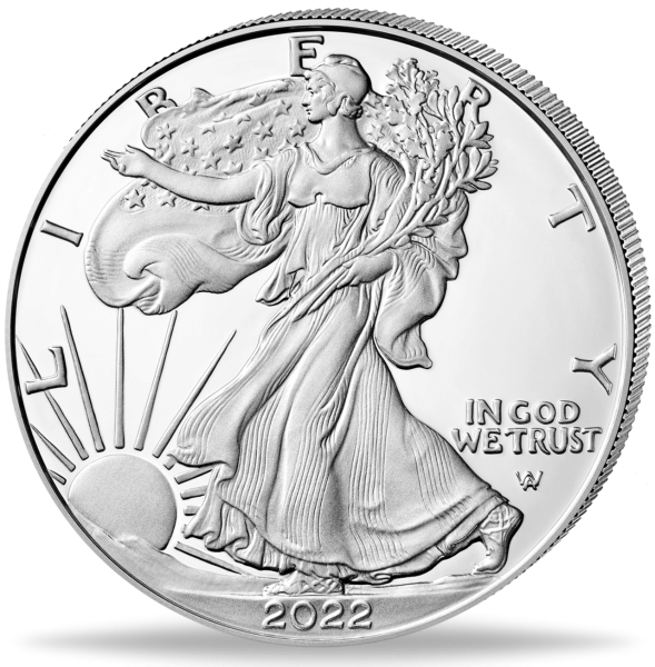 1 Unze Silbermünze American Eagle 2022 Polierte Platte Münzvorderseite