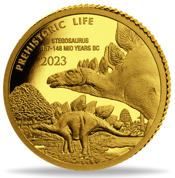 0,5 gramm Goldmünze Stegosaurus Prehistoric Life 2023 Münzvorderseite