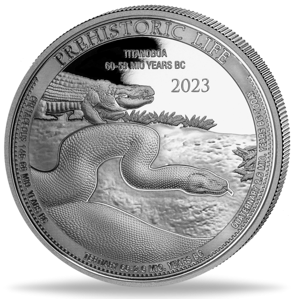 20 Fr Prehistoric Life Titanoboa 1 Unze Silber 2023 Vorderseite Münze