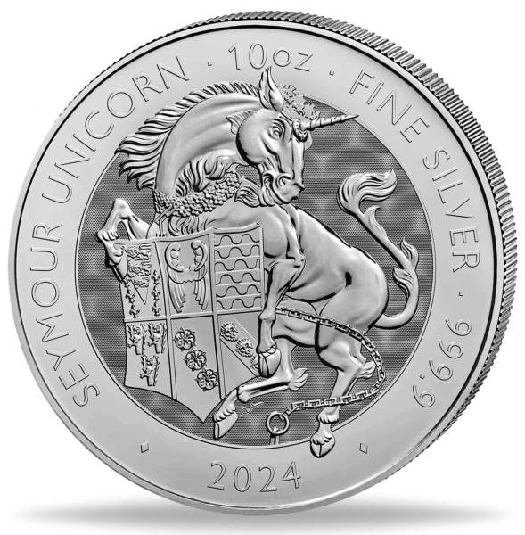 1 Unzen Silbermünze Seymour Unicorn Tudor Beasts 2024 Münzvorderseite