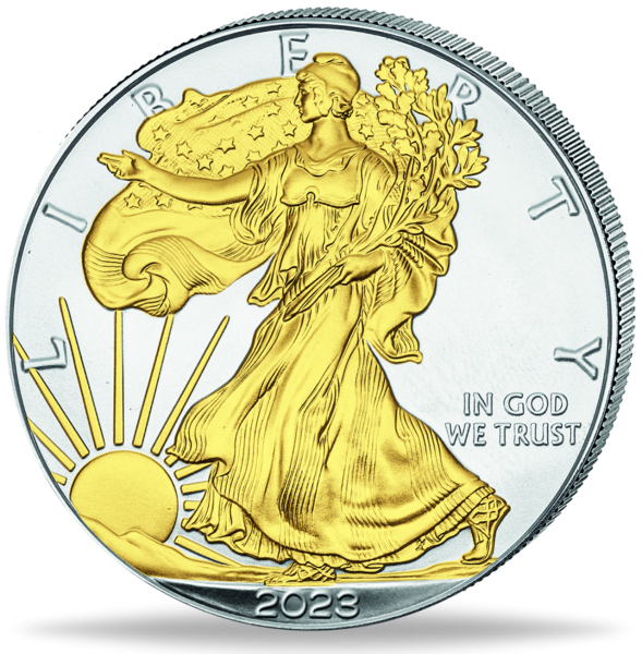 1 Unze Silbermünze American Eagle 2023 Goldveredelung Münzvorderseite