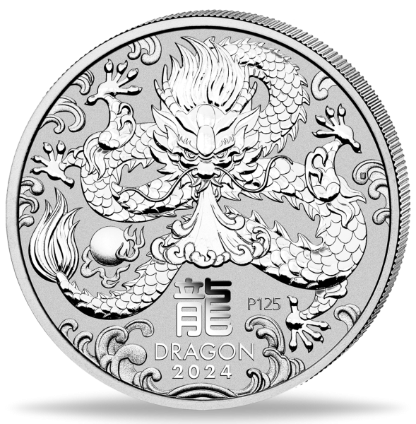 2 Unzen Silbermünze Jahr des Drachens Lunar III 2024 Münzvorderseite