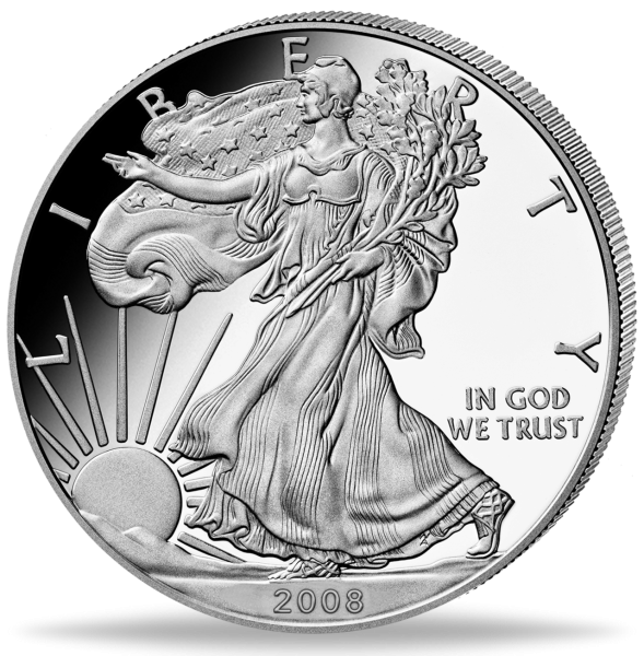 1 Unze Silbermünze American Eagle 2008 Polierte Platte Münzvorderseite