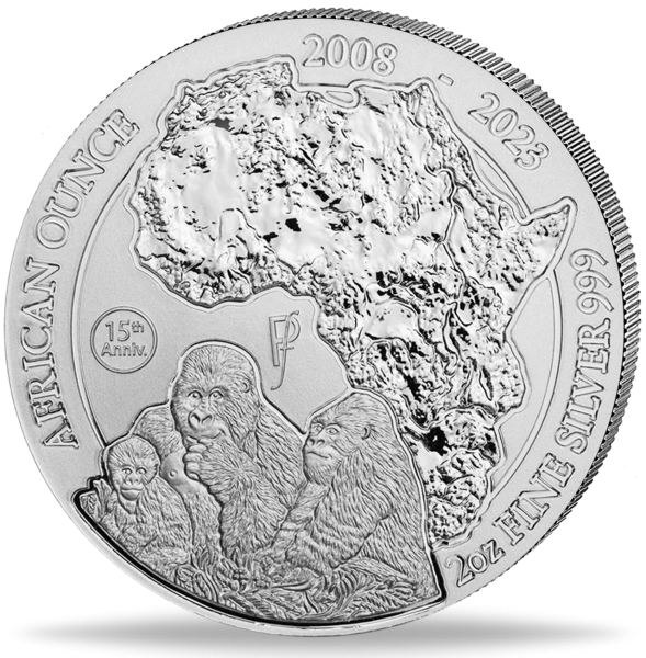 2 Unzen Silbermünze Berggorilla African Ounce 2023 Münzvorderseite