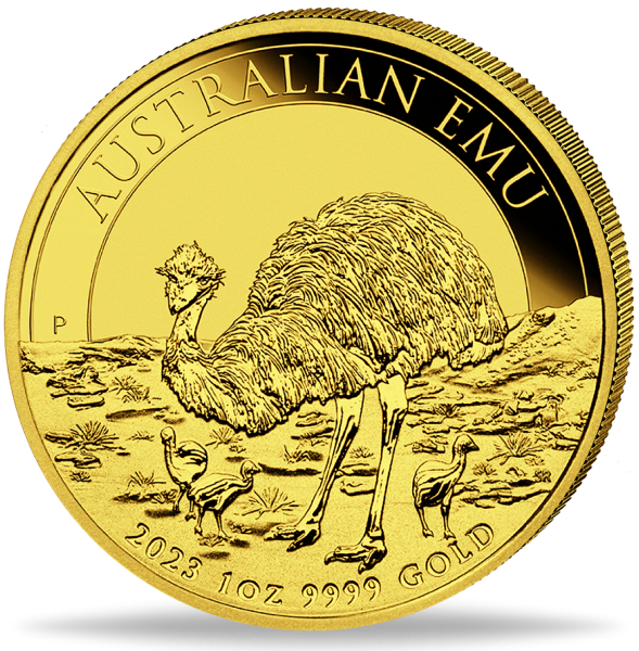 1 Unze Goldmünze Emu 2023 Münzvorderseite