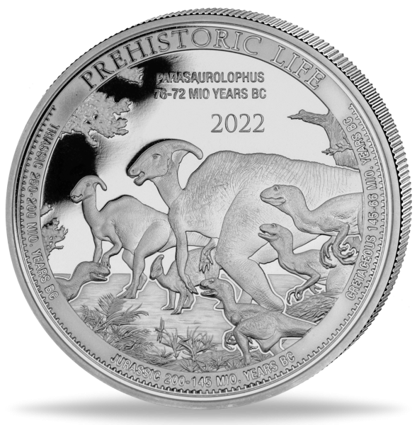 1 Unze Silbermünze 20Fr Parasauropholus Prehistoric Life Münzvorderseite