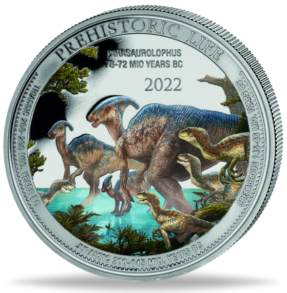 1 Unze Silbermünze Parasaurolophus 2022 mit Farbapplikation Münzvorderseite