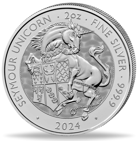 2 Unzen Silbermünze Seymour Unicorn Tudor Beasts 2024 Münzvorderseite