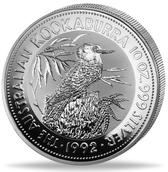 10oz Silbermünze Kookaburra 1992 Polierte Platte Münzvorderseite