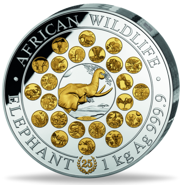 1kg Silbermünze Somalia Elefant 2023 25. Jubiläum Münzvorderseite