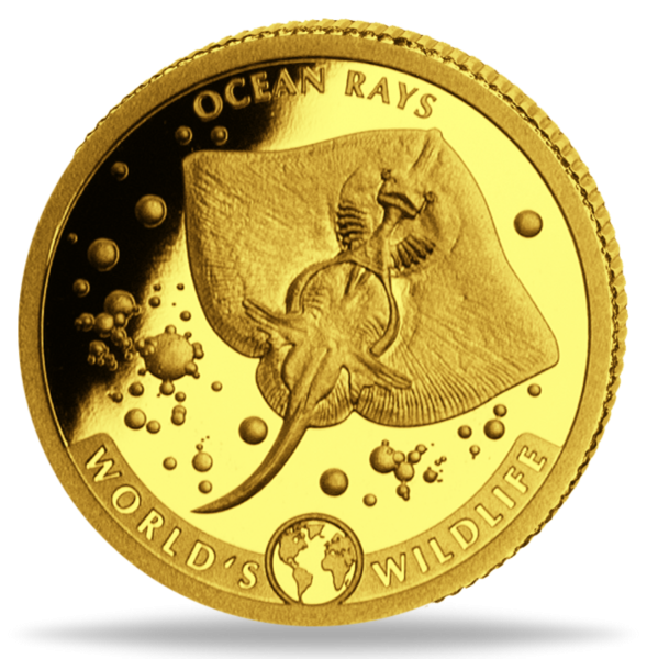 0,5g Goldmünze Ocean Ray Worlds Wildlife 2023 Polierte Platte Münzvorderseite