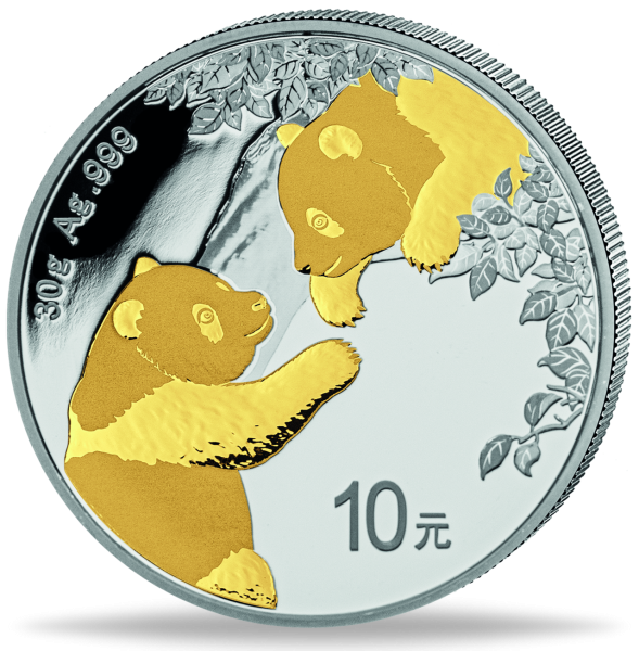 30 gramm Silbermünze China Panda 2023 Goldveredelung Münzvorderseite