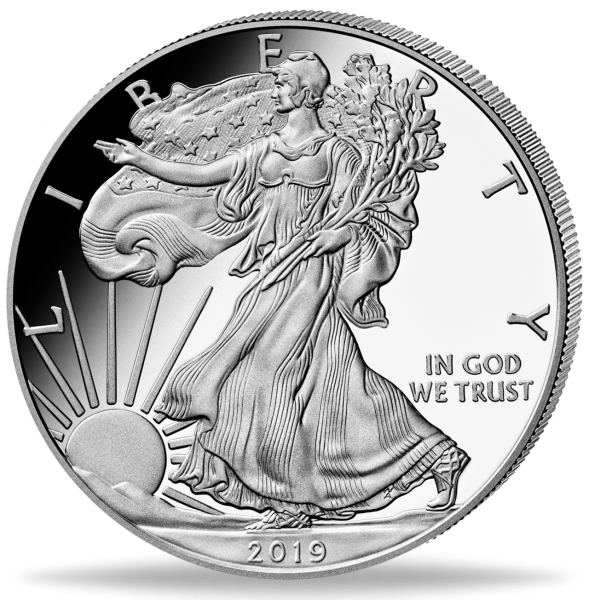 1 Unze Silbermünze American Eagle 2019 Polierte Platte Münzvorderseite