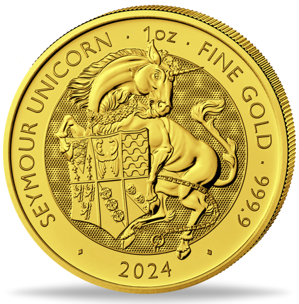 1 Unze Goldmünze Tudor Beasts Seymour Unicorn 2024 Münzvorderseite