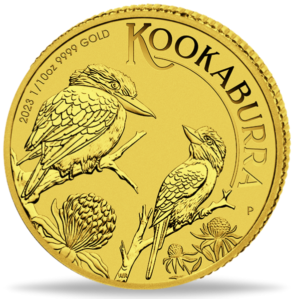 15 $ Kookaburra 1/10 Unze Gold 2023 Vorderseite Münze